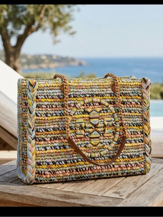 Tory Burch Handbags - Tory Burch Ella Raffia Melange Multicolor Small Chain Tote